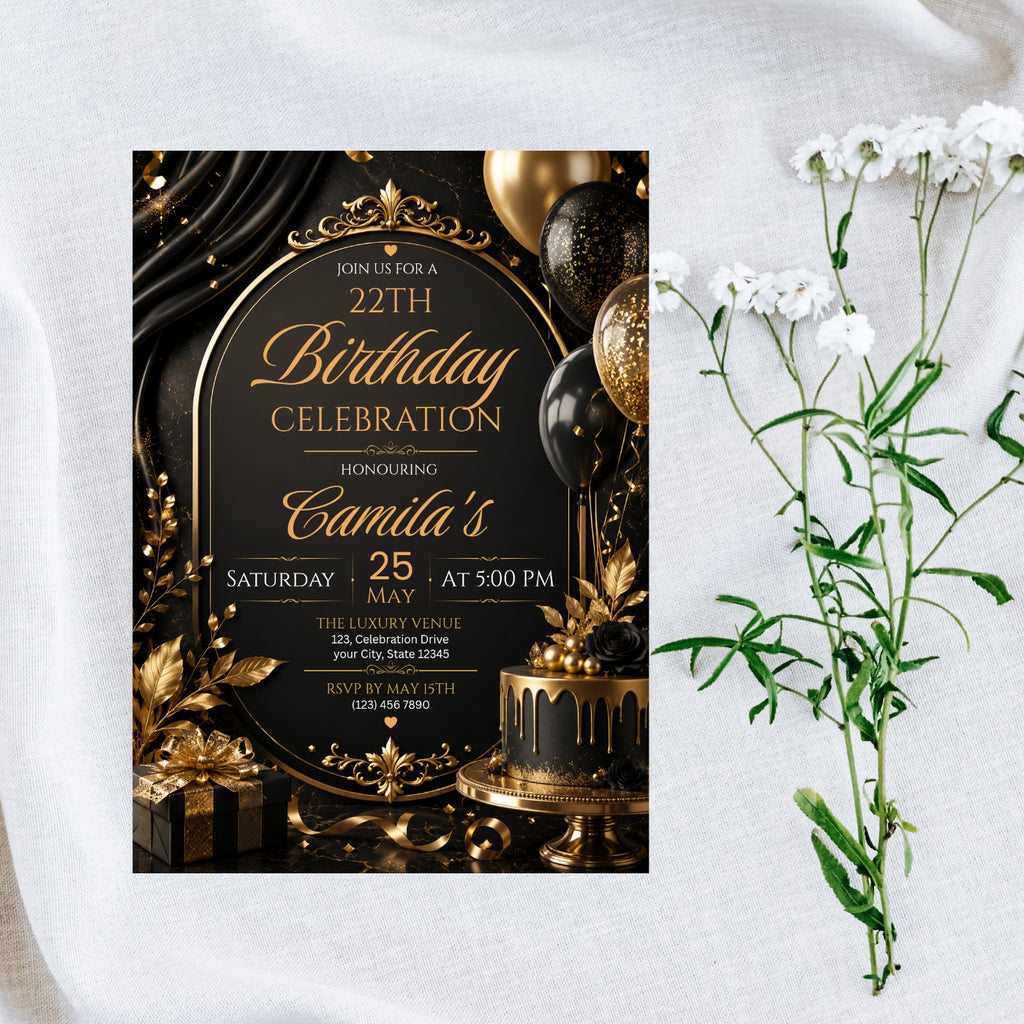 Editable Luxury Birthday Invitation Template | Black And Gold Birthday Invitation Canva digital download