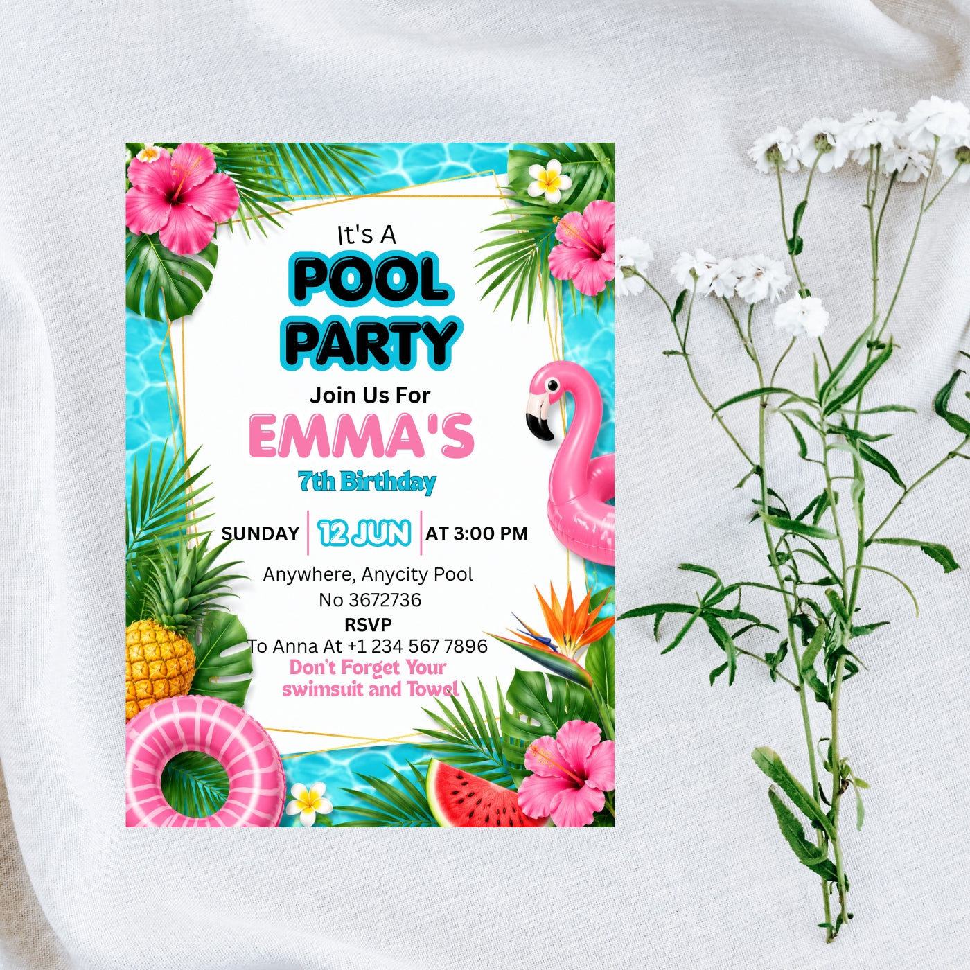 Pool Party birthday Invitation Template Editable Canva Digital Download (5×7)in