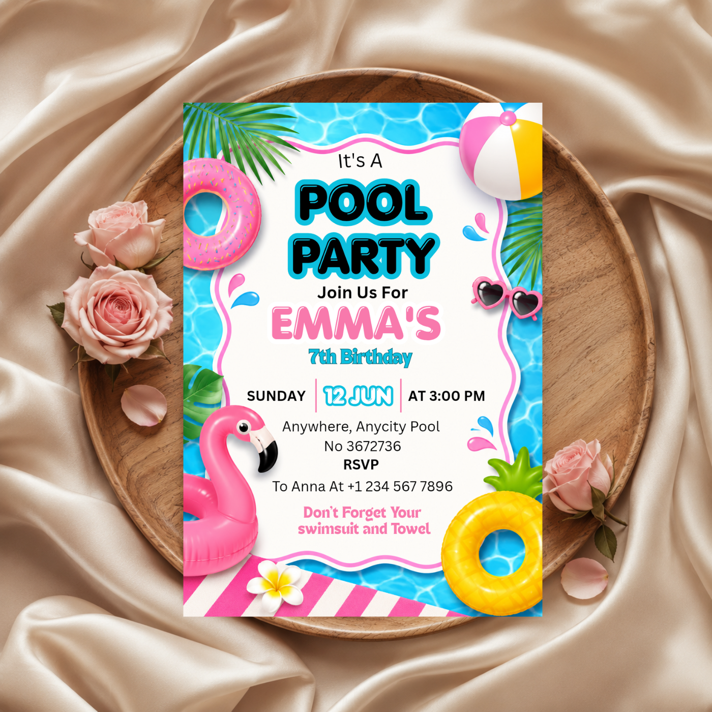 Pool Party birthday Invitation Template Editable Canva Digital Download (5×7)in