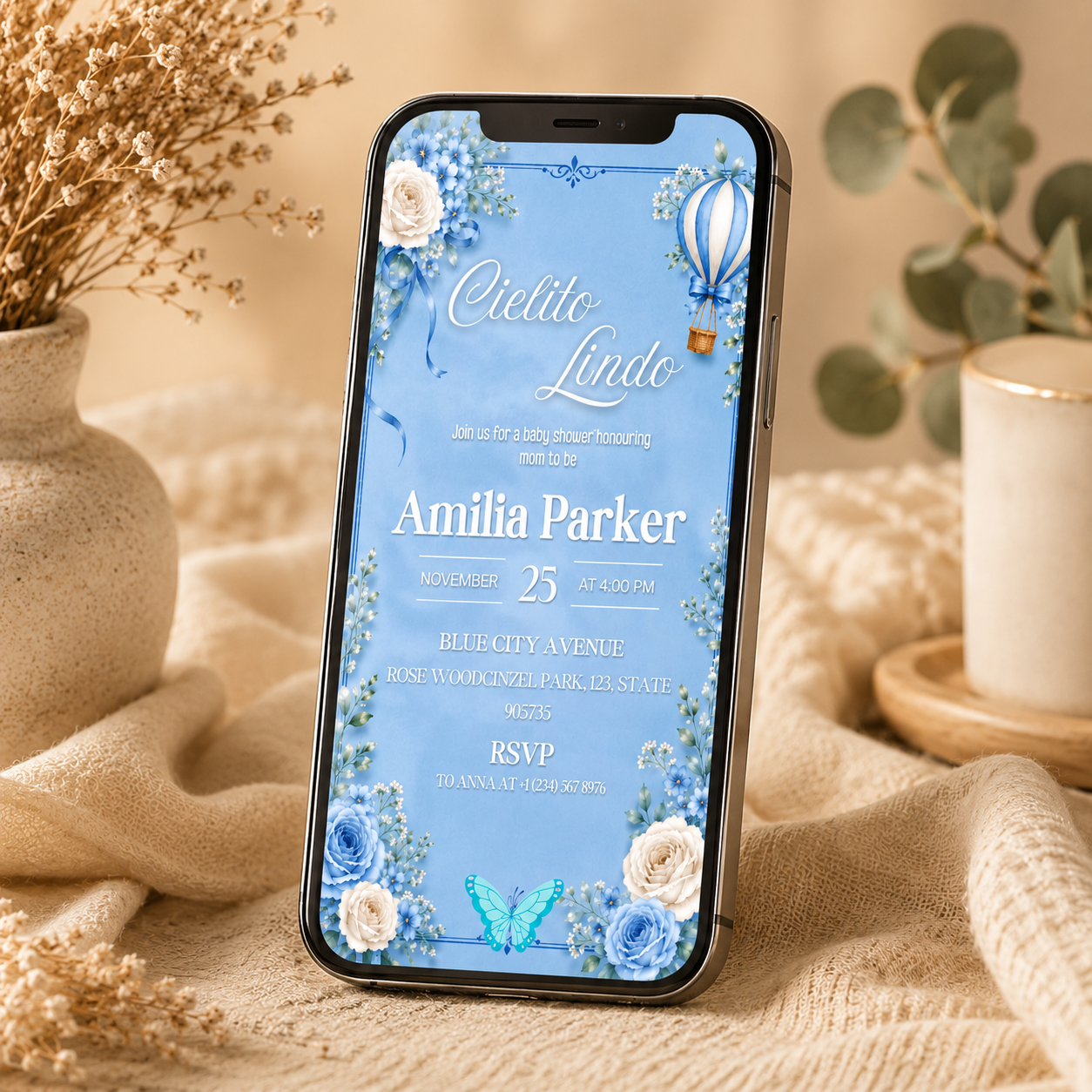 Cielto Lindo Baby Shower Vedio Invitation template Editable Canva