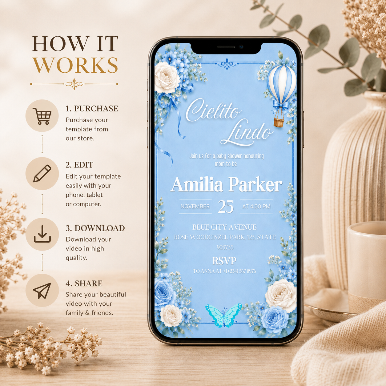 Cielto Lindo Baby Shower Vedio Invitation template Editable Canva