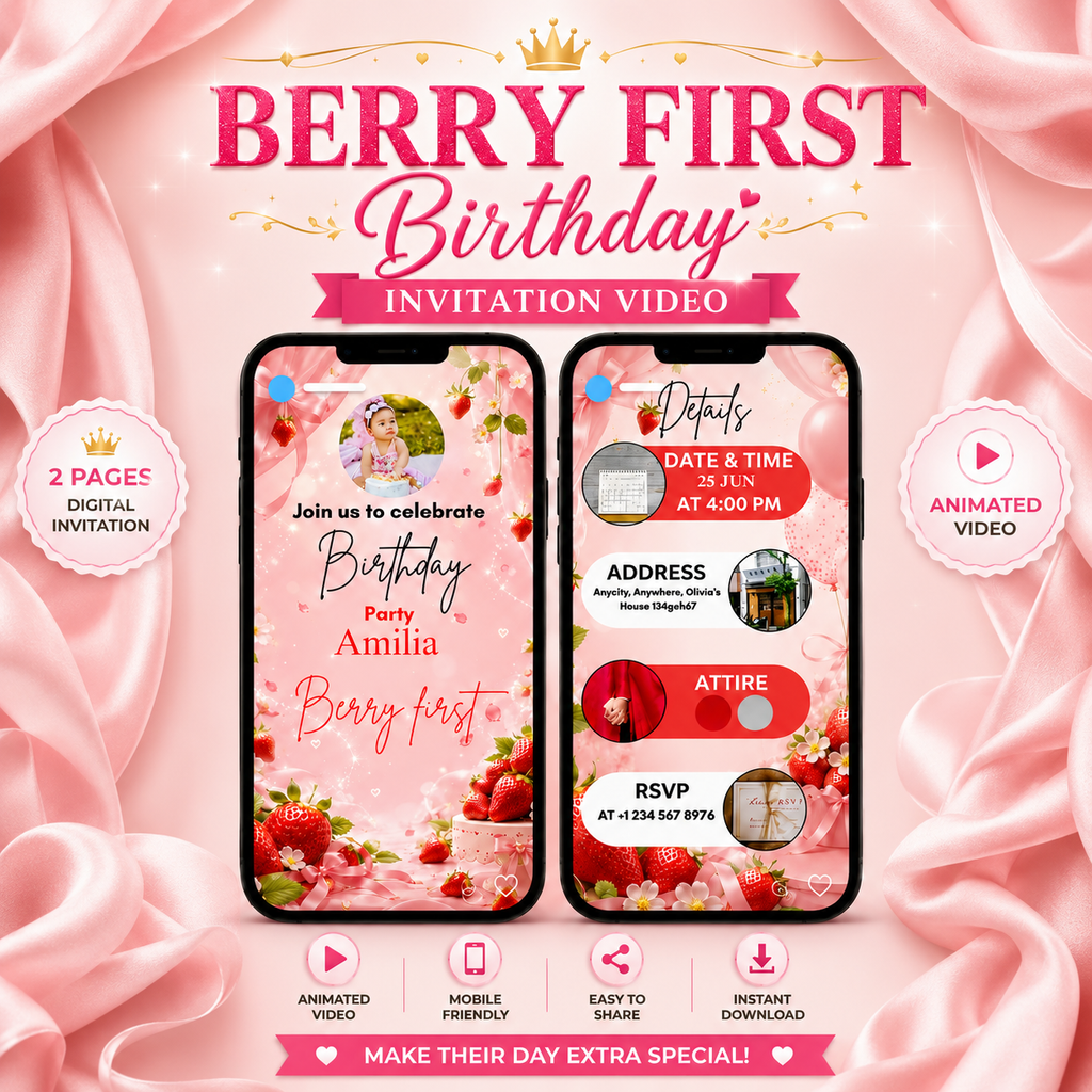 Berry first animated birthday Invitation | Editable 1st Birthday Invitation Vedio | Canva Digital Download