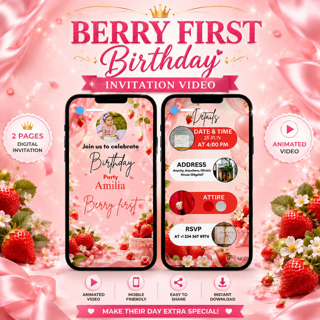 Berry first animated birthday Invitation | Editable 1st Birthday Invitation Vedio | Canva Digital Download