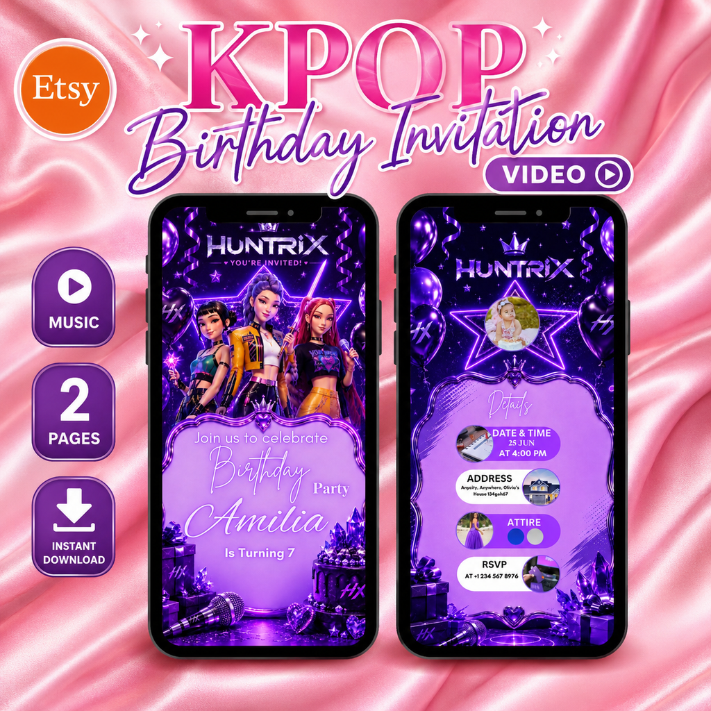 Kpop demon Hunters birthday Vedio invitation Template Editable Canva