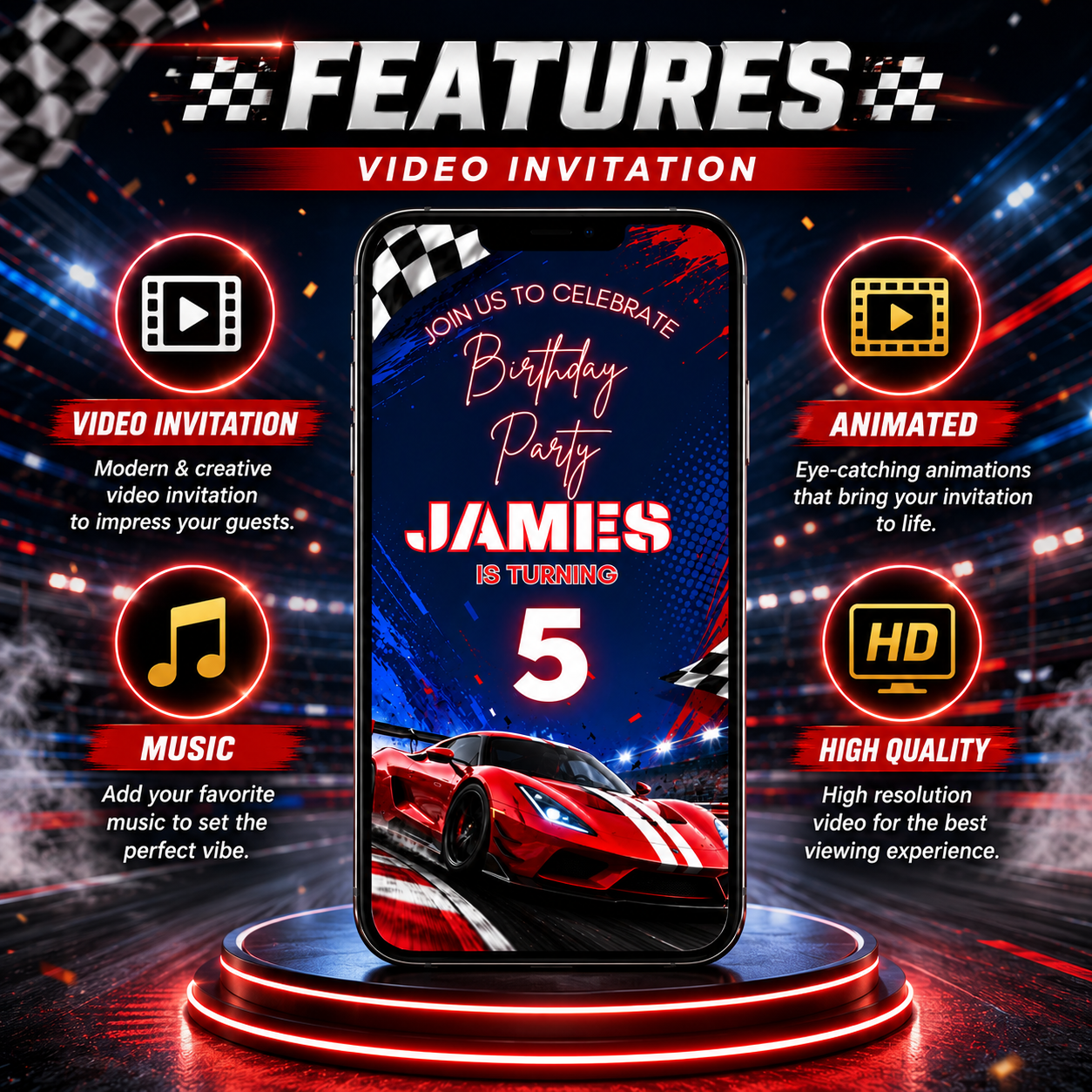 Car Birthday Vedio invitation Template Editable Canva Digital Download