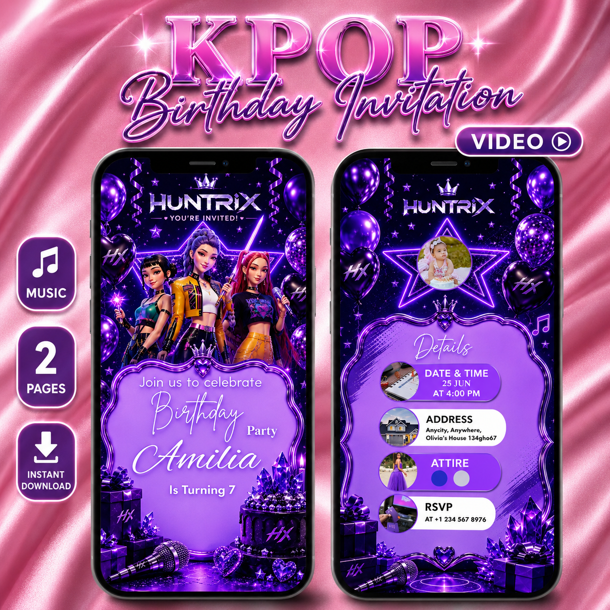 Kpop demon Hunters birthday Vedio invitation Template Editable Canva