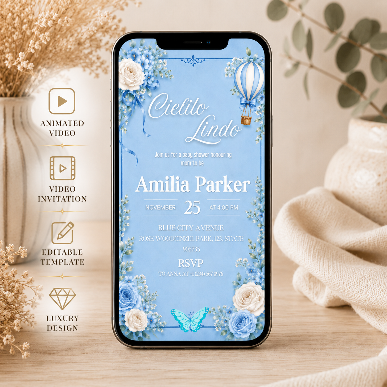 Cielto Lindo Baby Shower Vedio Invitation template Editable Canva