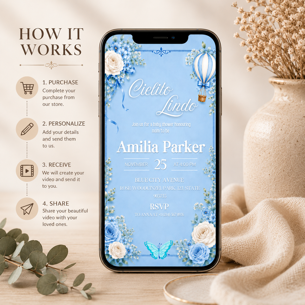 Cielto Lindo Baby Shower Vedio Invitation template Editable Canva